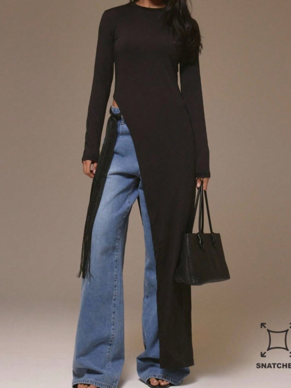 Black Casual Women's Knot Split Asymmetrical Hem Long Sleeve Slim Fit Plain Top